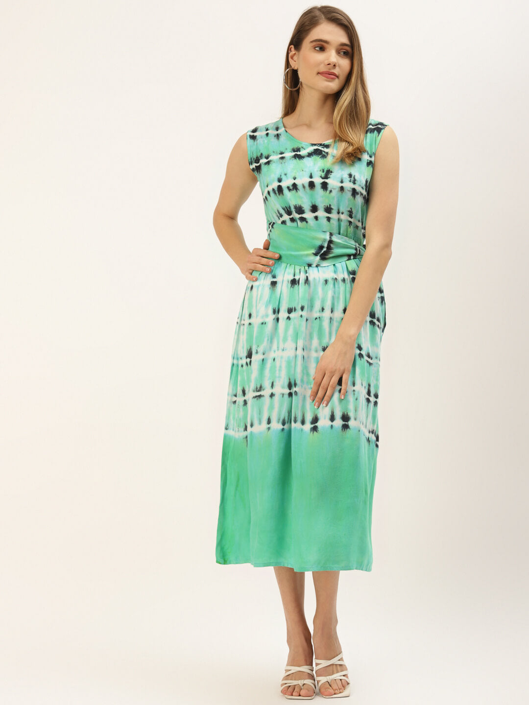 Green & Black Tie Dye Midi Dress With Tieup Closure Maaesa Clothing