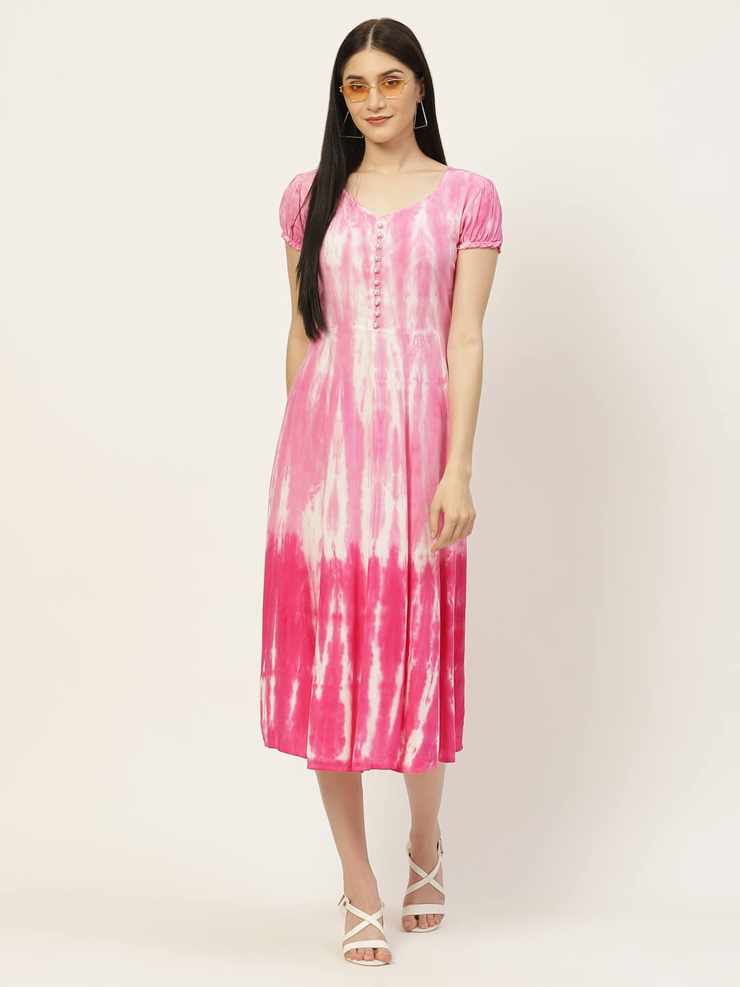 green emerald velvet dress Women Pink & White Tie Dye Fit and Flare Dress – Maaesa Clothing