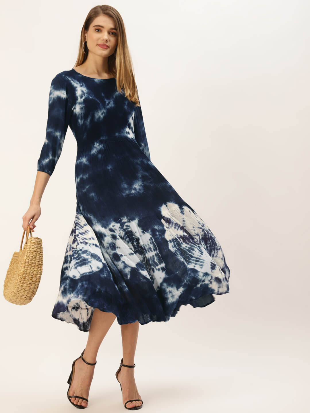 Blue & White Tie Dye A-Line Midi Dress  Maaesa Clothing