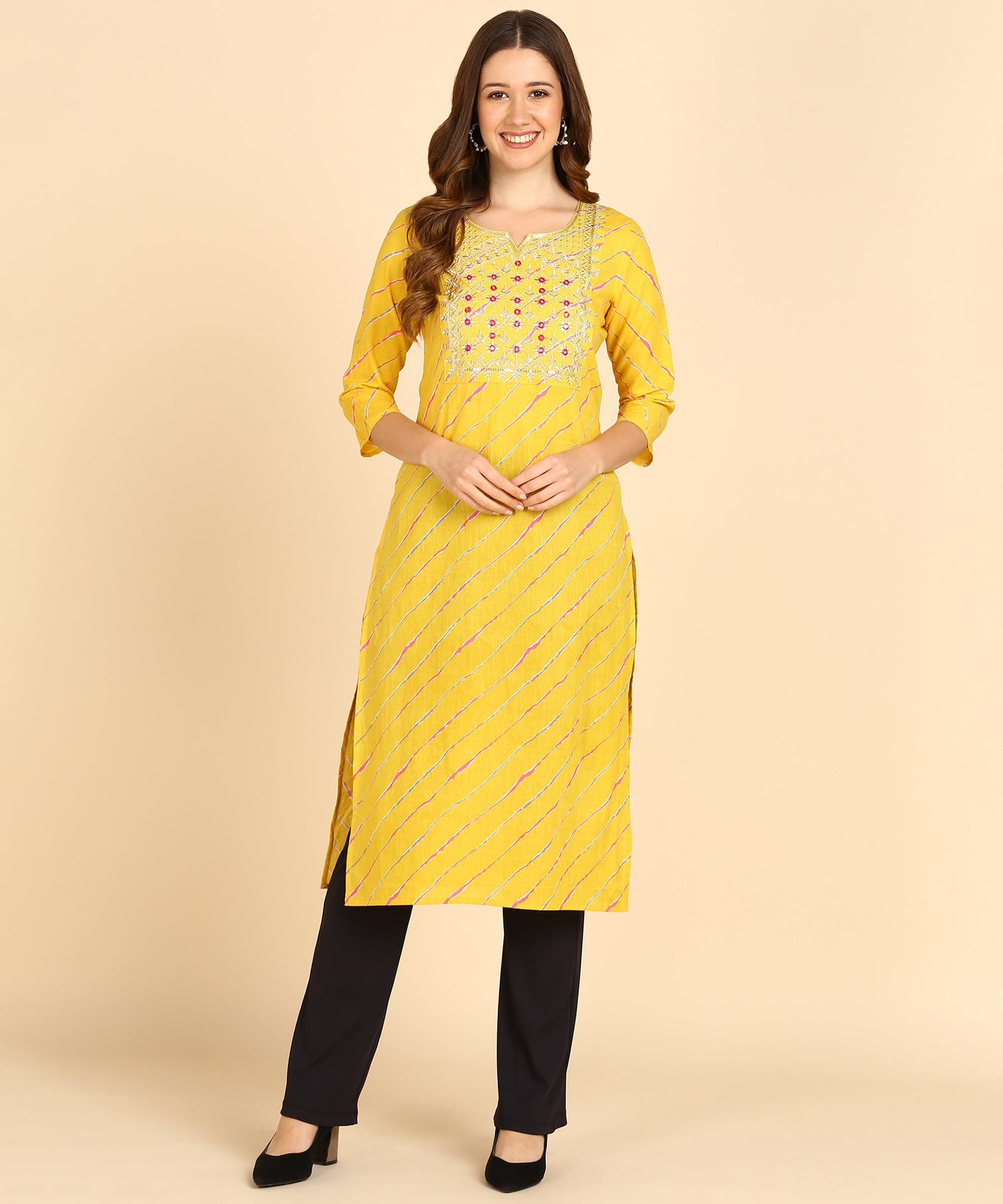 630 - Yellow Cotton katha Kurti Set with Pant
