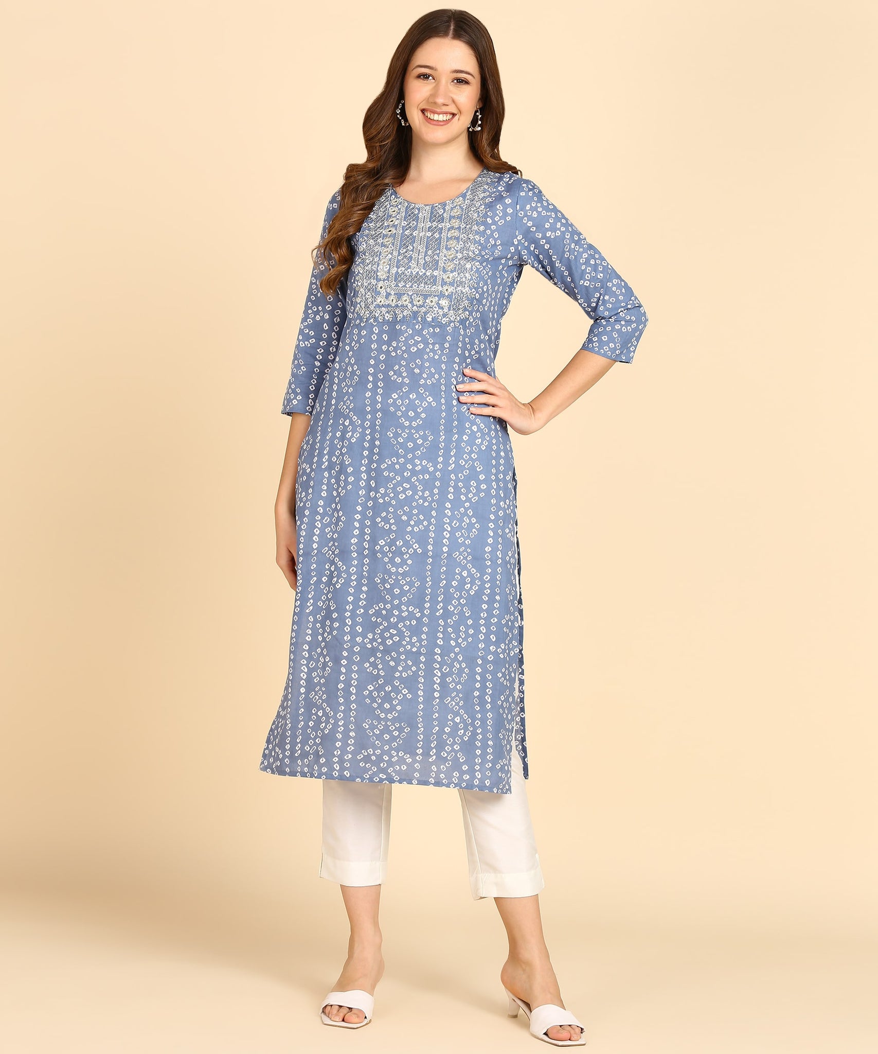 Pure Cotton Grey Bandhej Kurti With Sequins Embroidery Work