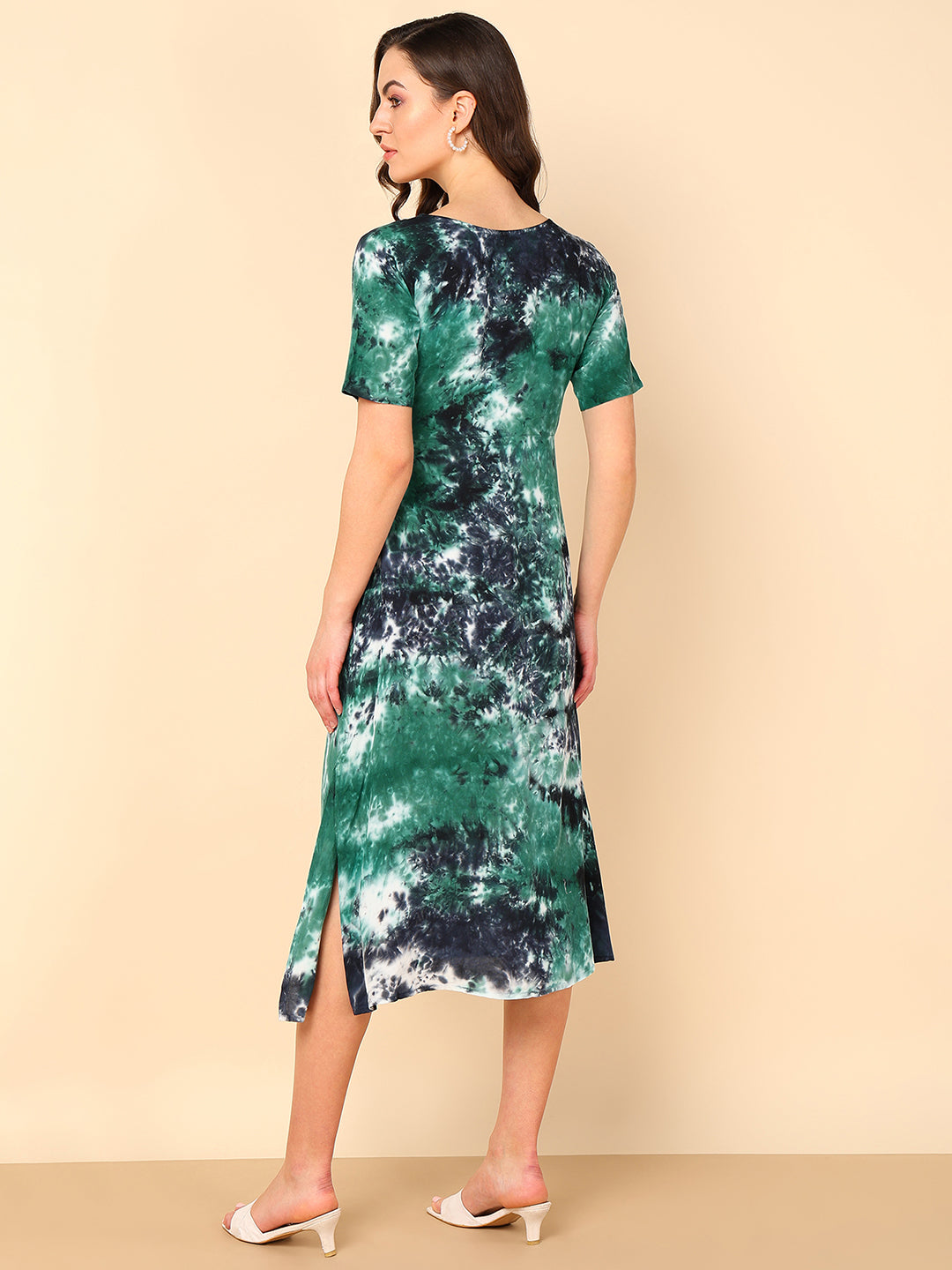 Sea Green Black Rayon Tie Dye A-Line Midi Dress (W1257) Maaesa Clothing Sea Green Black Rayon Tie Dye A-Line Midi Dress (W1257) Maaesa Clothing