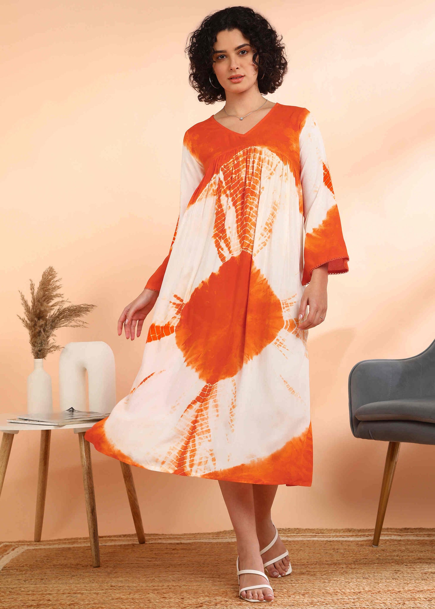 Women Handmade Floral Print Rayon Flared Orange Dress (W1598) Women Handmade Floral Print Rayon Flared Orange Dress (W1598)