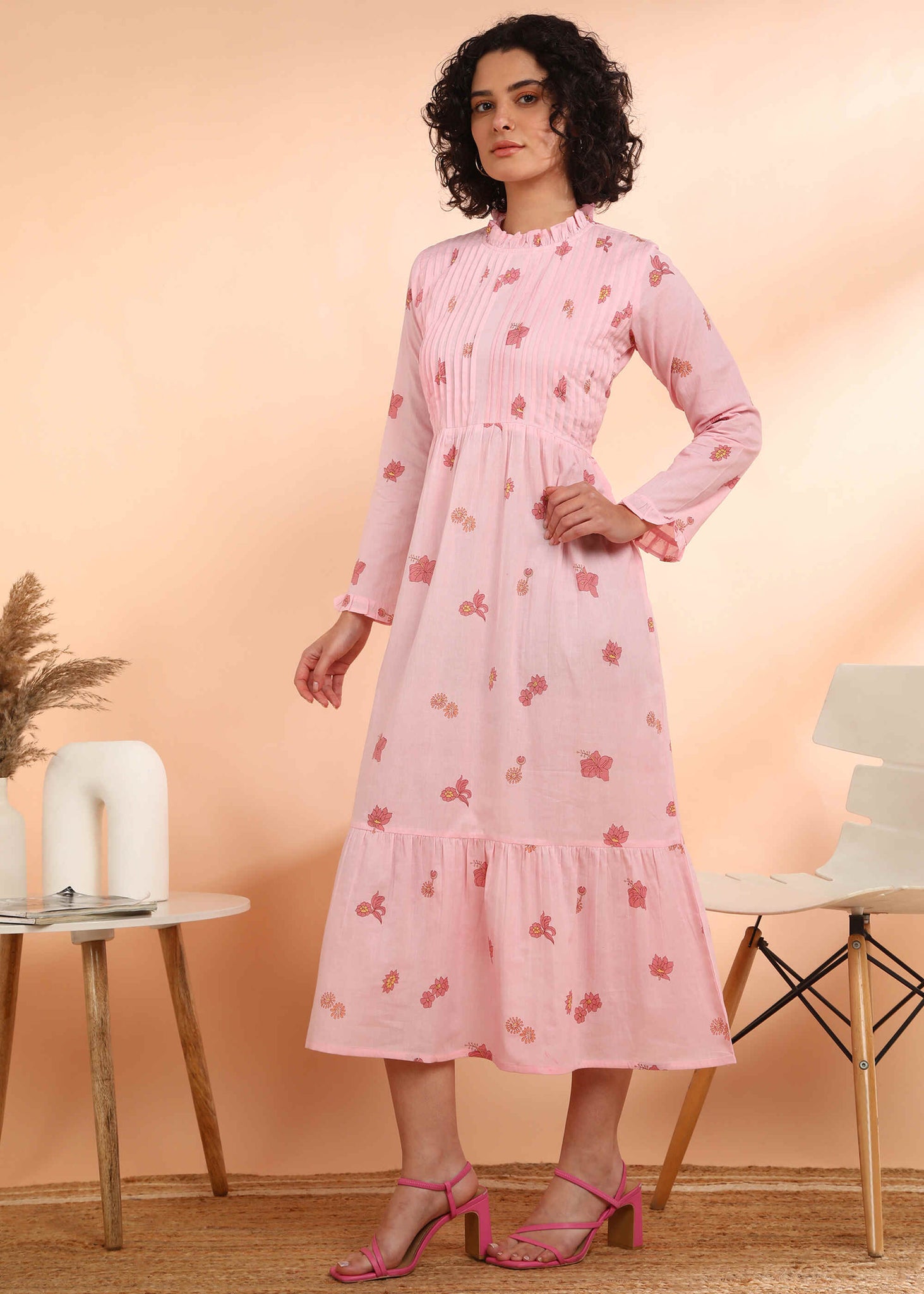 Women Handmade Floral Cotton Blend Flared Pink Dress (W1614) Maaesa Clothing Women Handmade Floral Cotton Blend Flared Pink Dress (W1614) Maaesa Clothing
