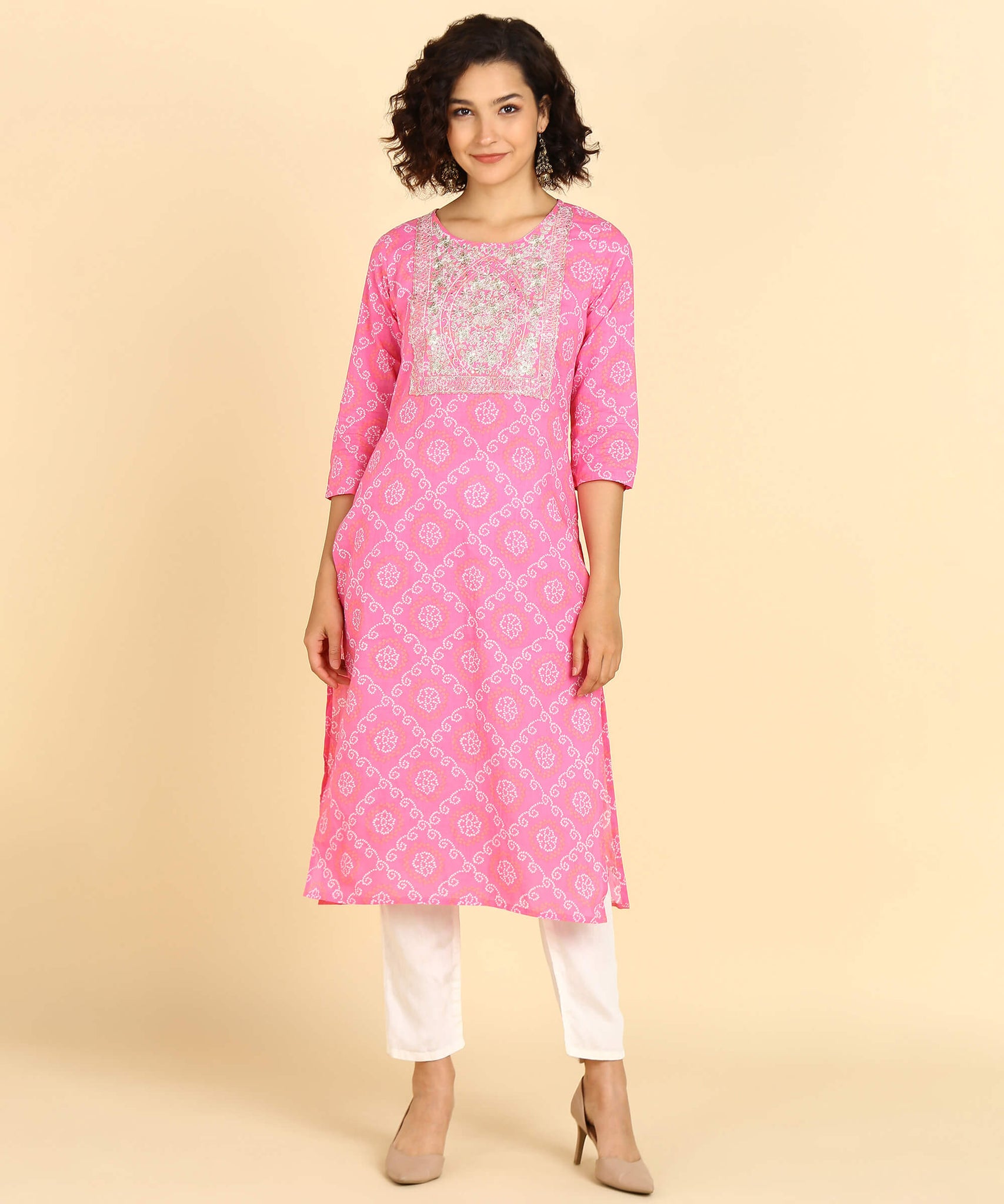 Pure Cotton Pink Bandhej Print Kurta with Zari Embroidery