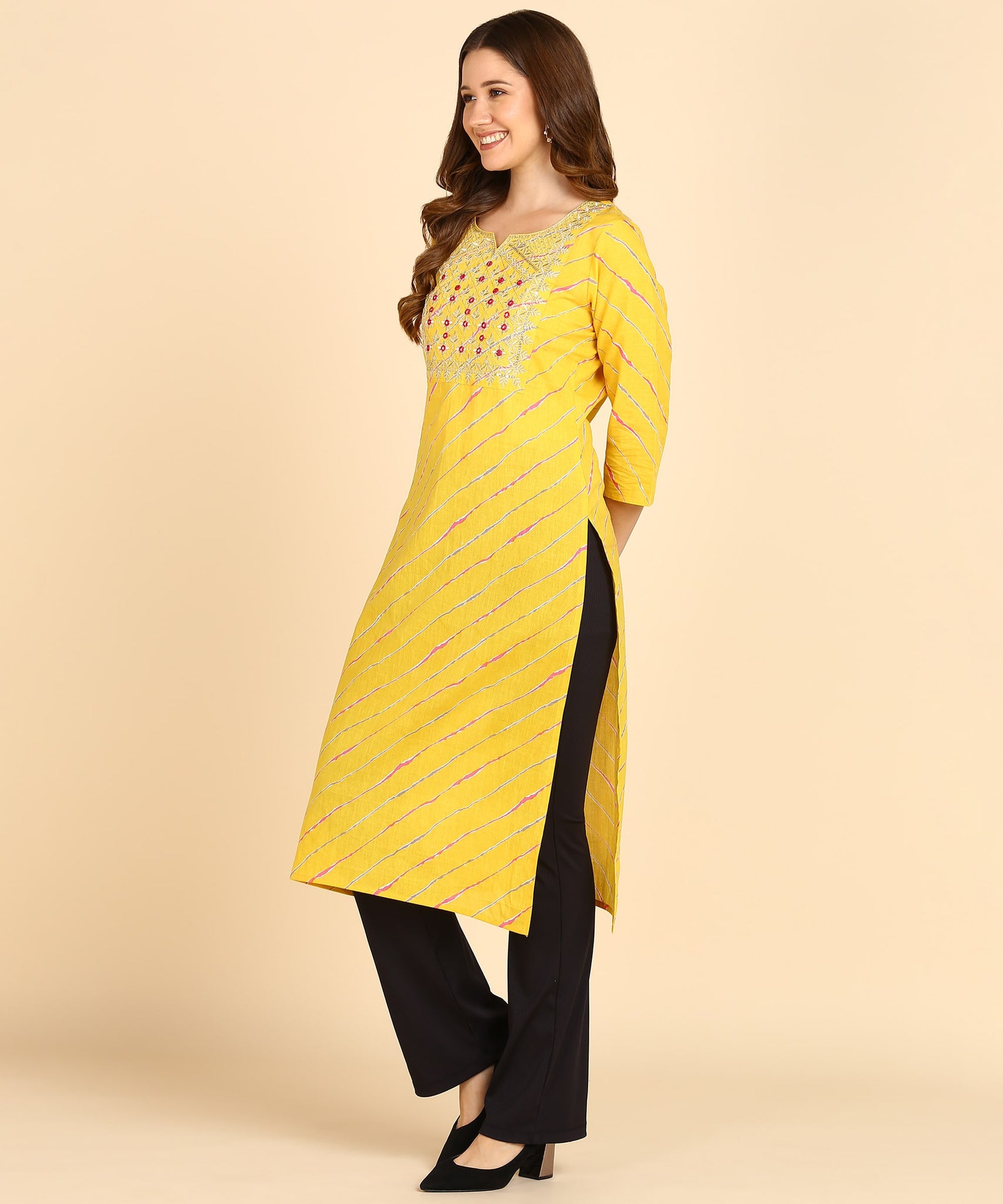 Yellow Pure Cotton Bandhej Print Kurti With Sequins Embroidery Work