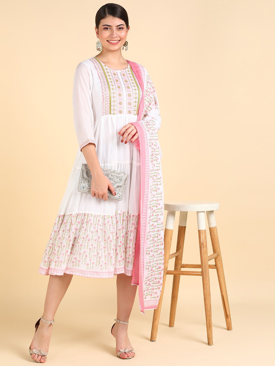White Malmal Hand Block Print Anarkali Dress with Dupatta