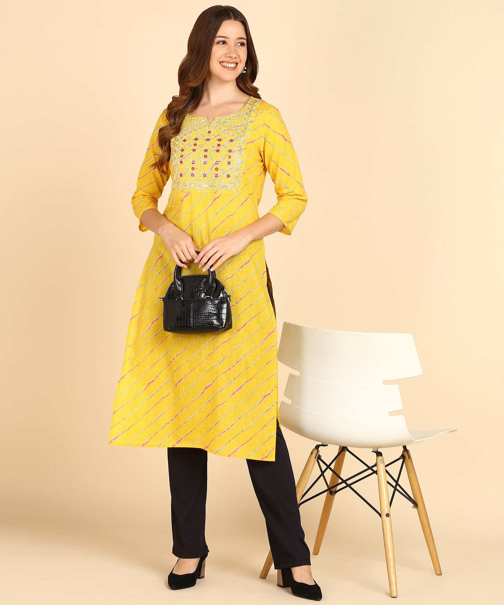 Yellow Pure Cotton Bandhej Print Kurti With Sequins Embroidery Work