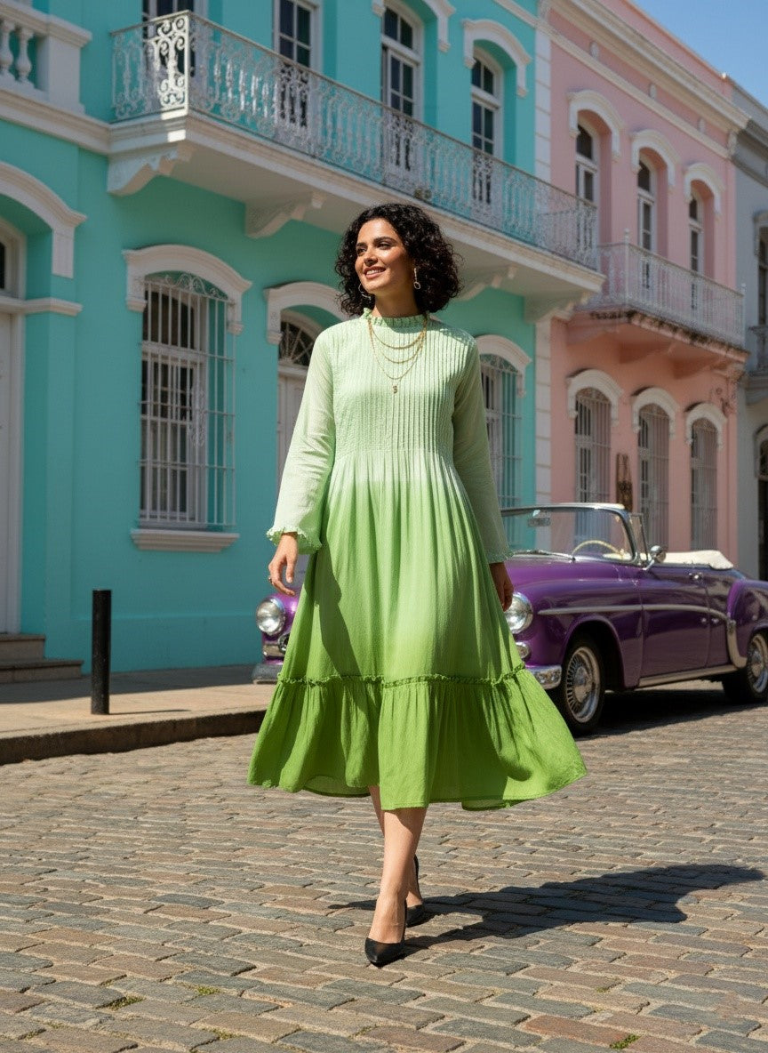 Women Handmade Self Design Cotton Blend Flared Light Green Dress (W160 – Maaesa Clothing