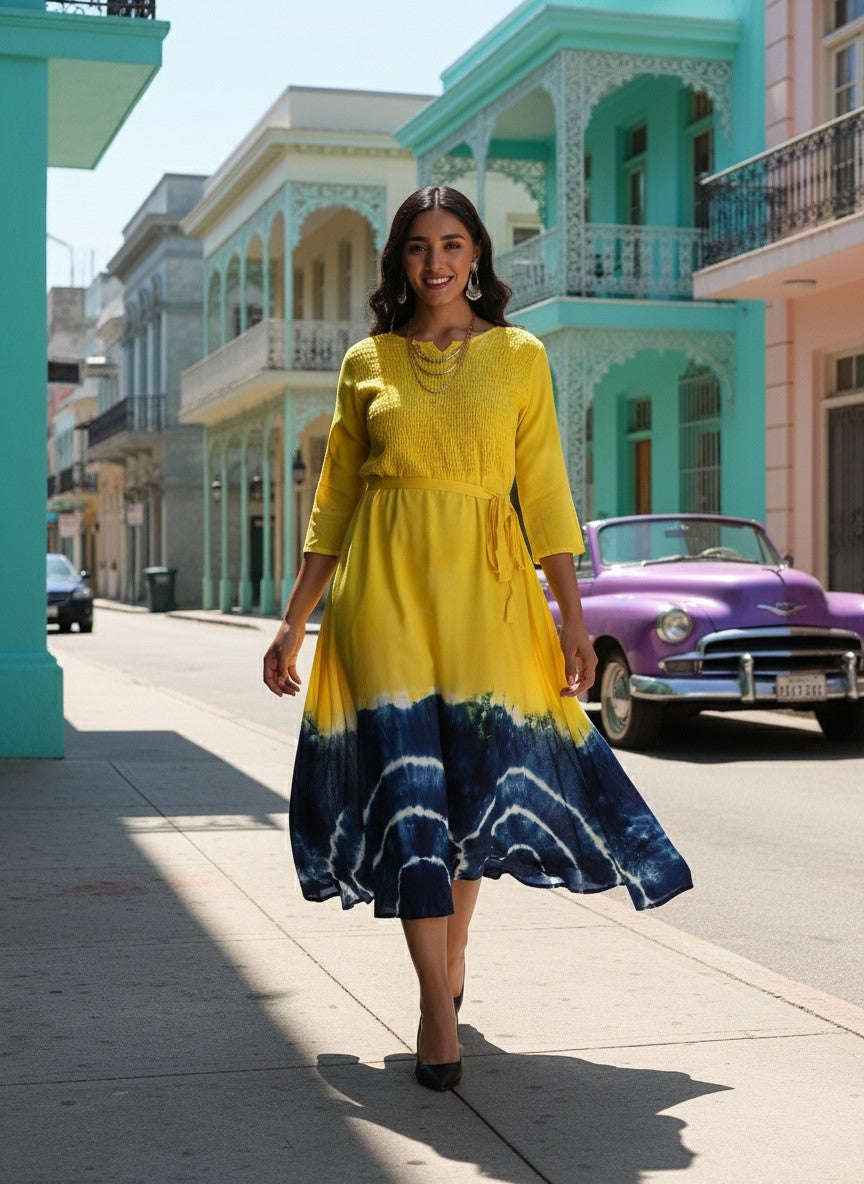 Yellow & Navy Blue Tie Dye A-Line Midi Dress With Tie-Up Belt (W1242) Maaesa Clothing Yellow & Navy Blue Tie Dye A-Line Midi Dress With Tie-Up Belt (W1242) Maaesa Clothing