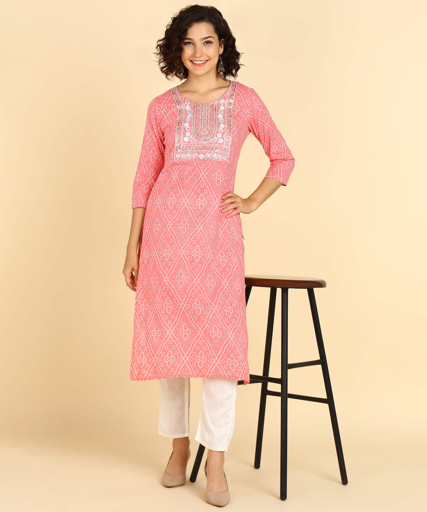 Pure Cotton Pink Bandhej Print Kurta with Zari Embroidery