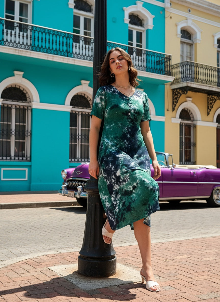 Sea Green Black Rayon Tie Dye A-Line Midi Dress (W1257)  Maaesa Clothing