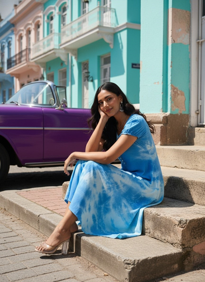 adult belle costume blue dress Tie Dye Sleeveless Long Dress w/Pockets