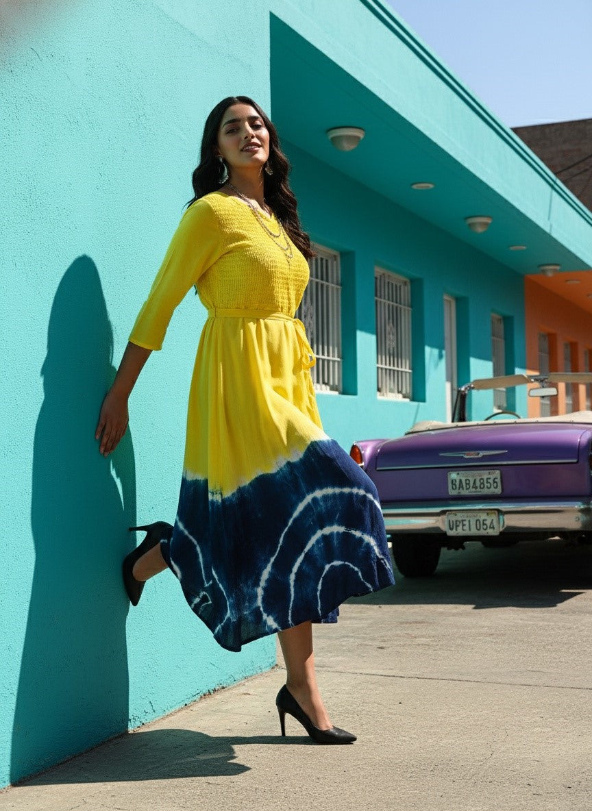 Yellow & Navy Blue Tie Dye A-Line Midi Dress With Tie-Up Belt (W1242) Maaesa Clothing Yellow & Navy Blue Tie Dye A-Line Midi Dress With Tie-Up Belt (W1242) Maaesa Clothing