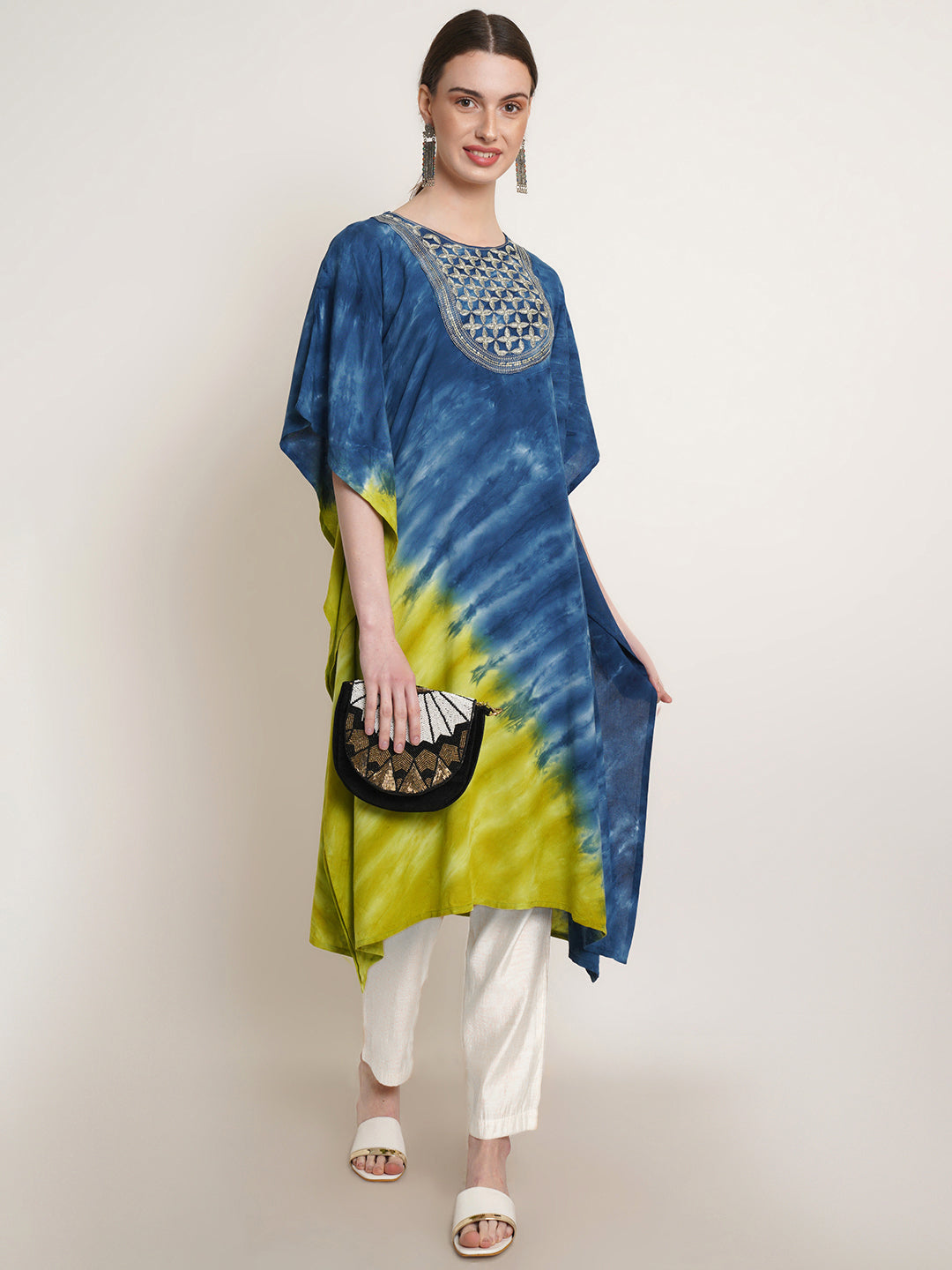 Green & Blue Tie Dye Embroidery Work Rayon Kaftan Kurta