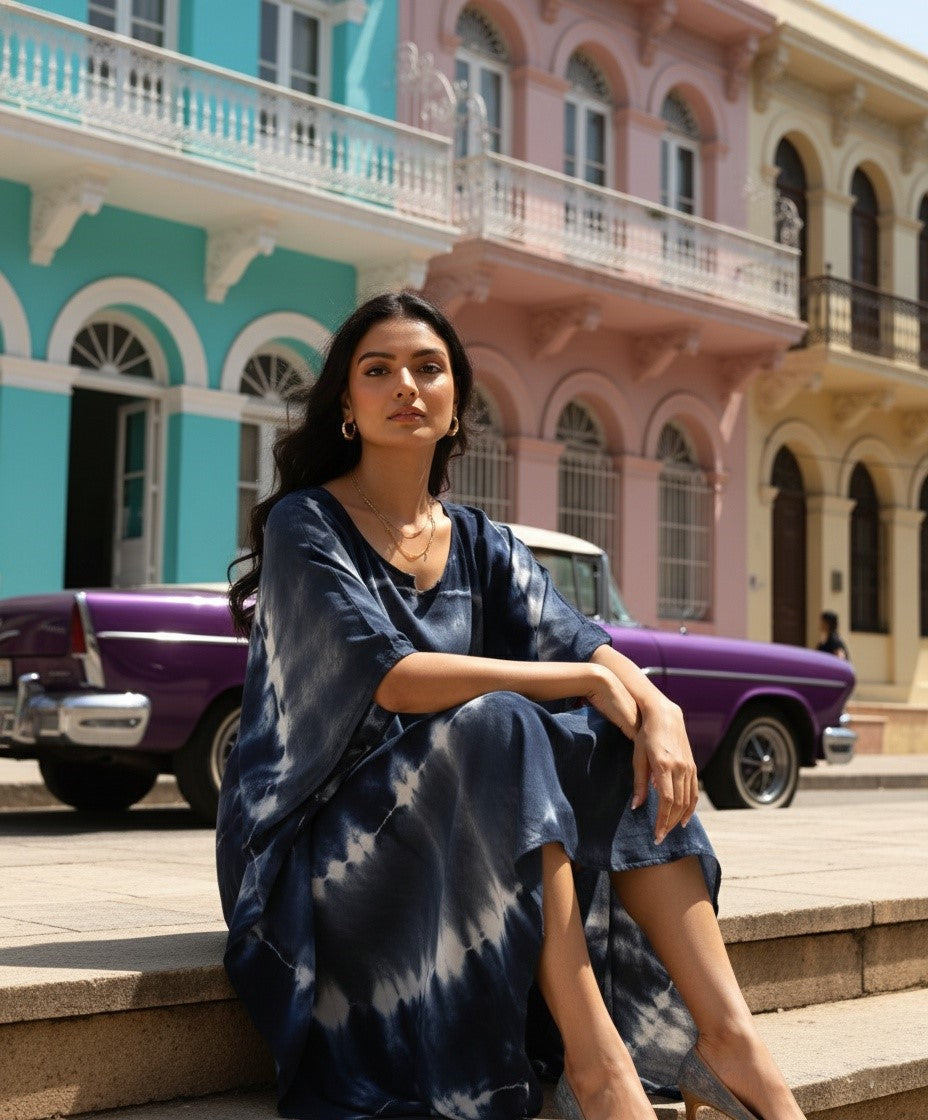 Dark Blue Hand Dyed Tie Dye Kaftan (W1187) – Maaesa Clothing