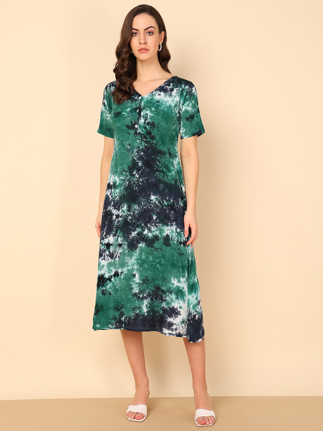 Sea Green Black Rayon Tie Dye A-Line Midi Dress (W1257)  Maaesa Clothing