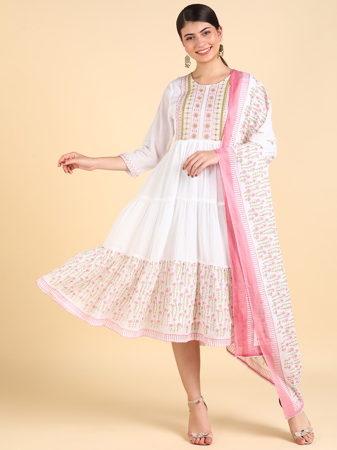White Malmal Hand Block Print Anarkali Dress with Dupatta