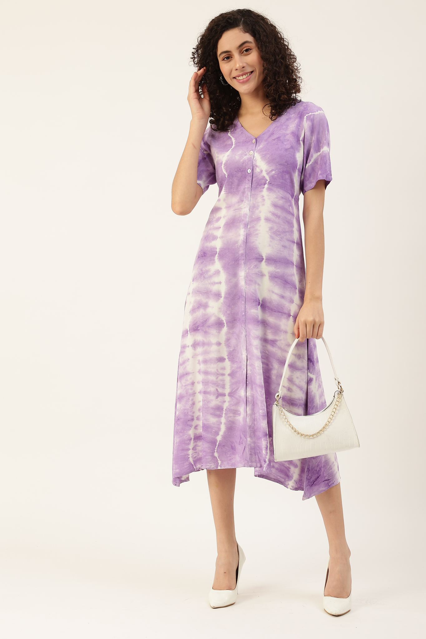Lavender Off White Dyed Rayon A-Line Midi Dress for women 
