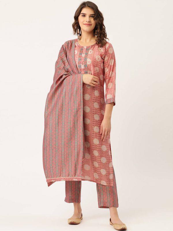 Pink Rayon Printed Suit Set with Adda Work & Dupatta for women 