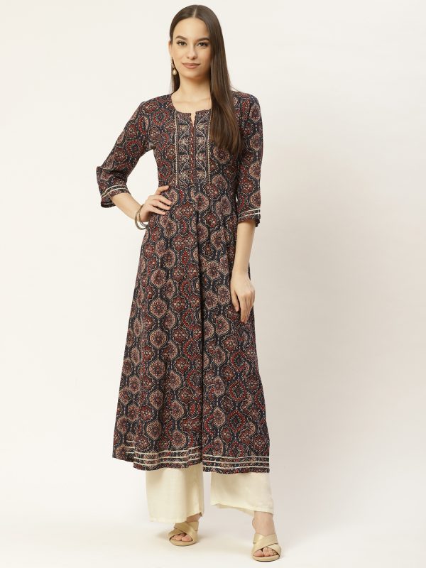 Blue Printed & Embroided Cotton Anarkali