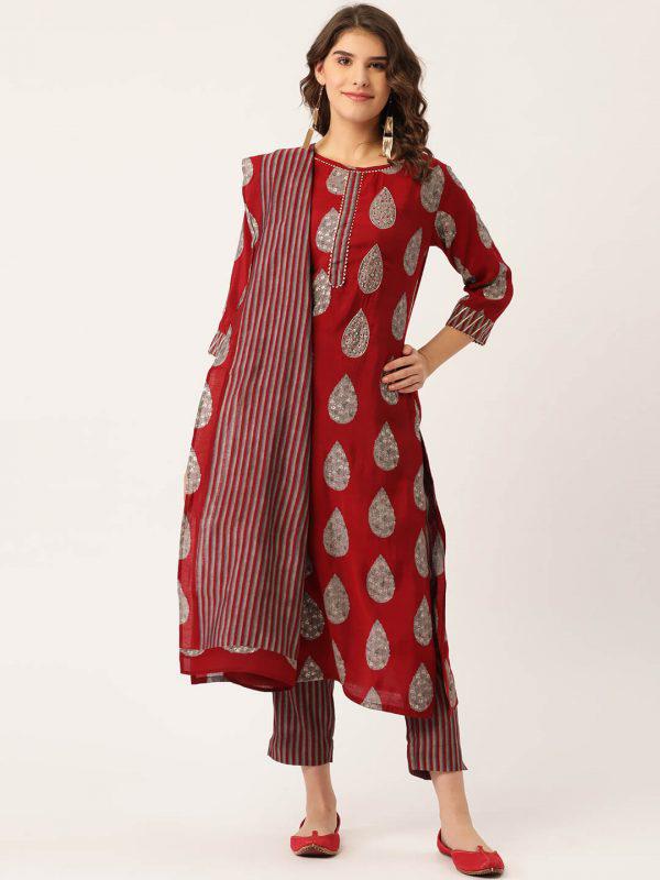 Maroon Rayon Printed Suit Set with Adda Work & Dupatta for women 