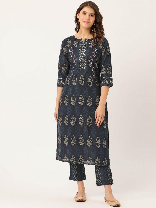 Blue Pure Cotton Printed Suit Set with Adda Mirror Work for women 