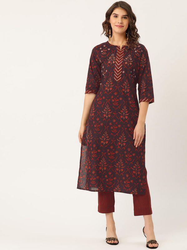 Pure Cotton Maroon Printed Suit Set with Adda Mirror Work