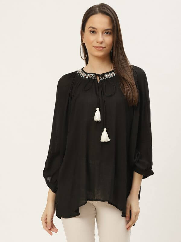 Black Embroided Rayon Crepe Top for women 