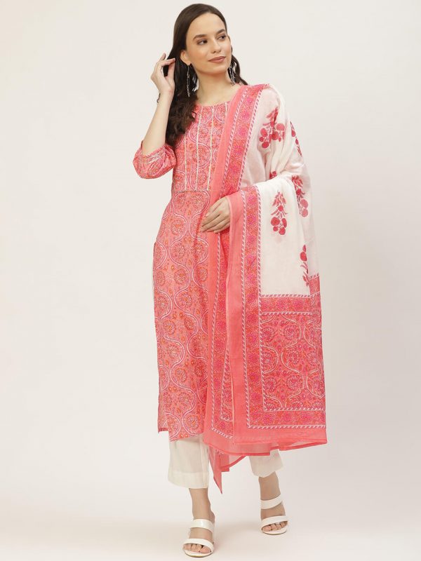 Pink Printed & Embroided Kurta with Trousers & Dupatta for women 