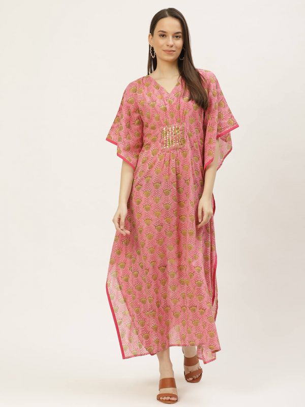Pink Printed Pure Cotton Kaftan Dress
