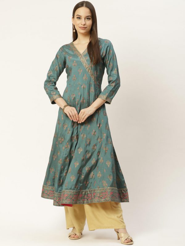 Green Printed & Embroided Rayon Anarkali for women 