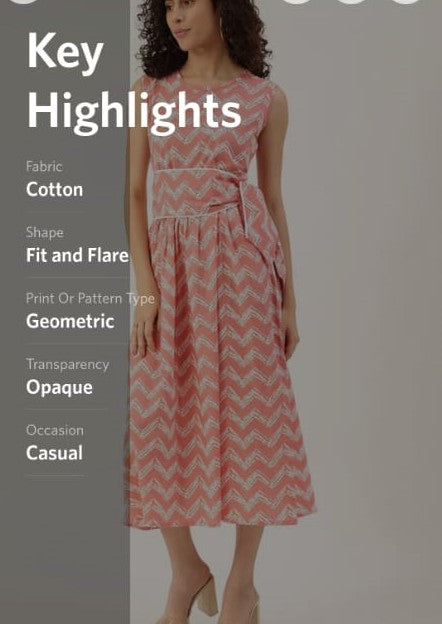 Pink & Off White Printed Pure Cotton A-Line Dress with Belt