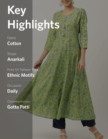 Green & Blue Ethnic Printed Pure Cotton Gotta Patti Anarkali Kurta