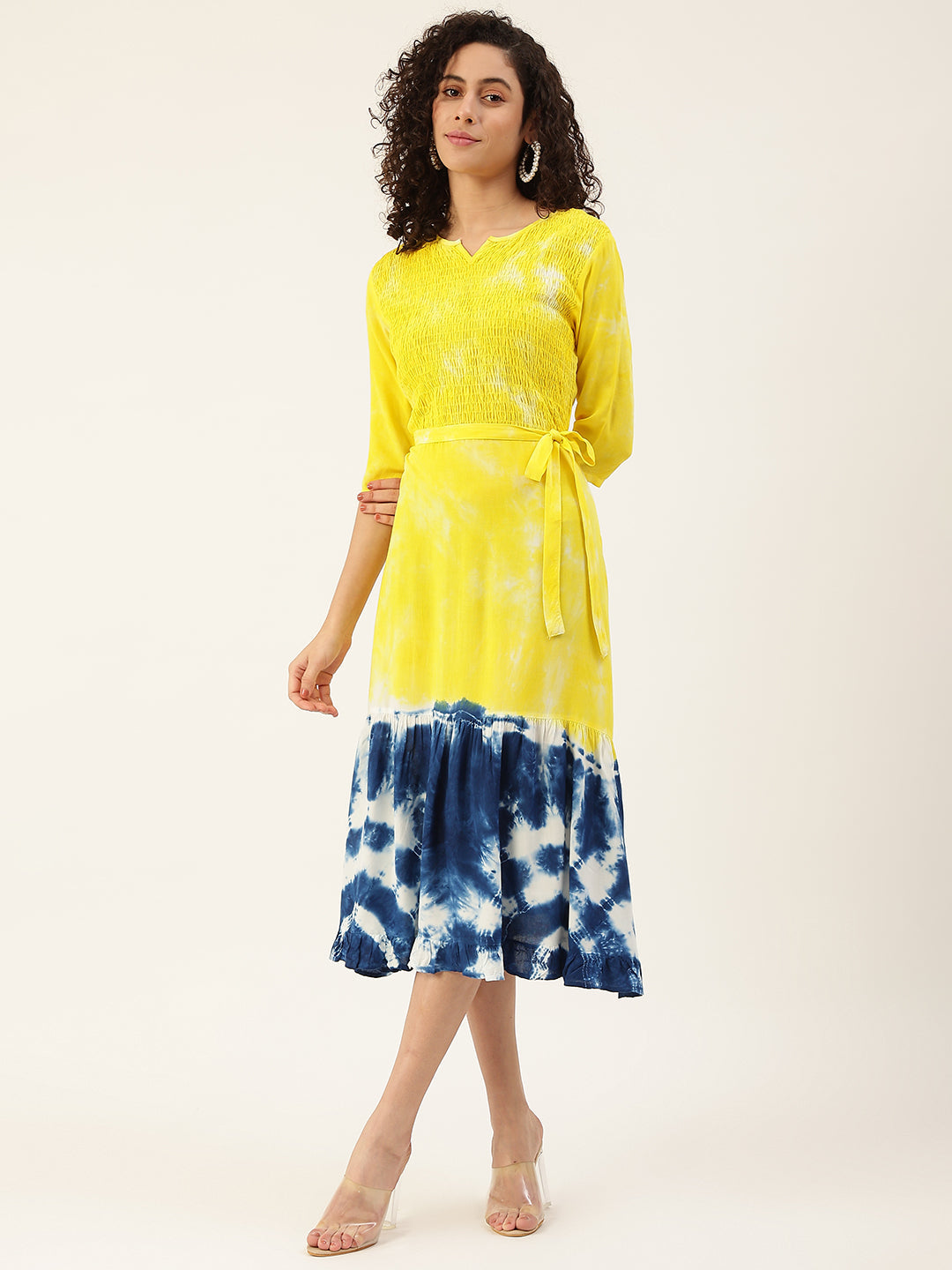 Yellow & Navy Blue Dyed A-Line Midi Dress With Tie-Up Belt
