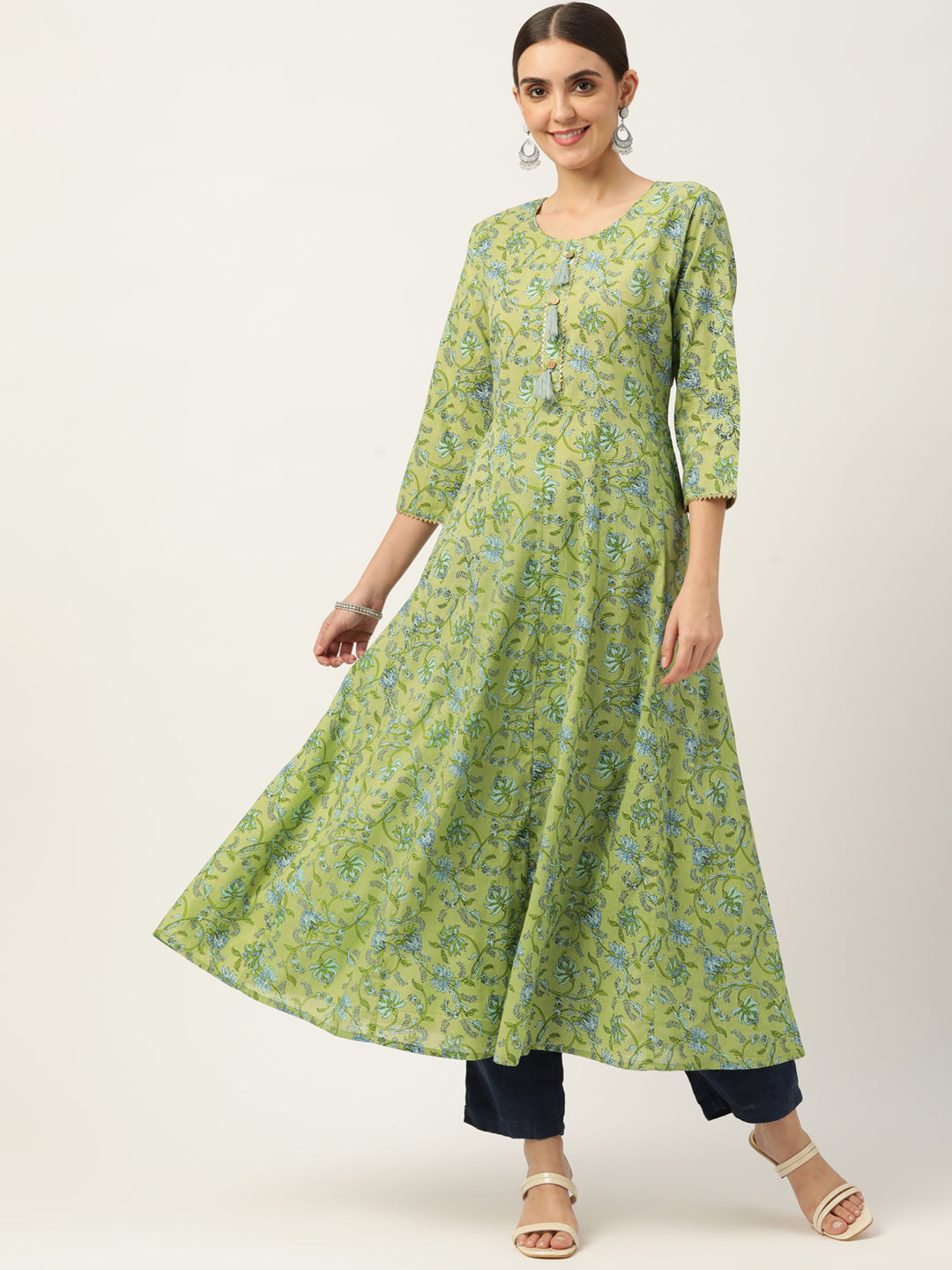 Green & Blue Ethnic Printed Pure Cotton Gotta Patti Anarkali for women 