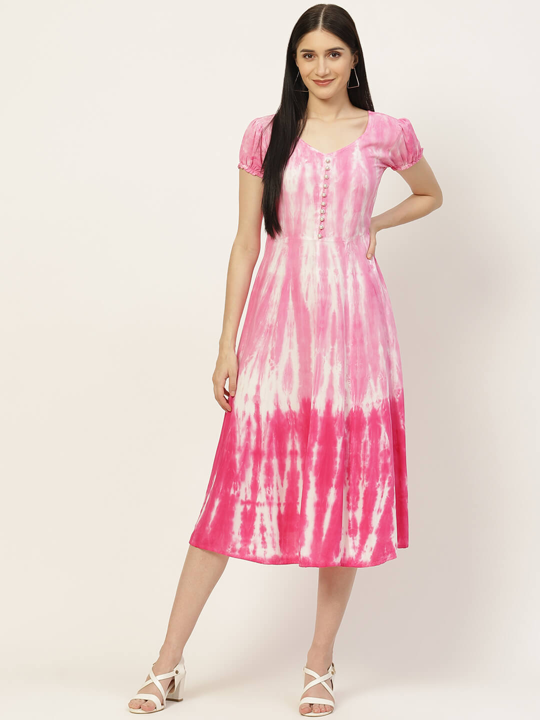 Women Pink & White Tie Dye Fit and Flare Dress