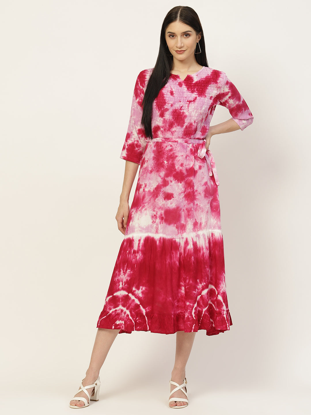Rose Pink Tie dye Fit & Flare Belted Dress