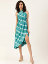 Green & off White Dyed Halter Front Slit High Low Dress for women