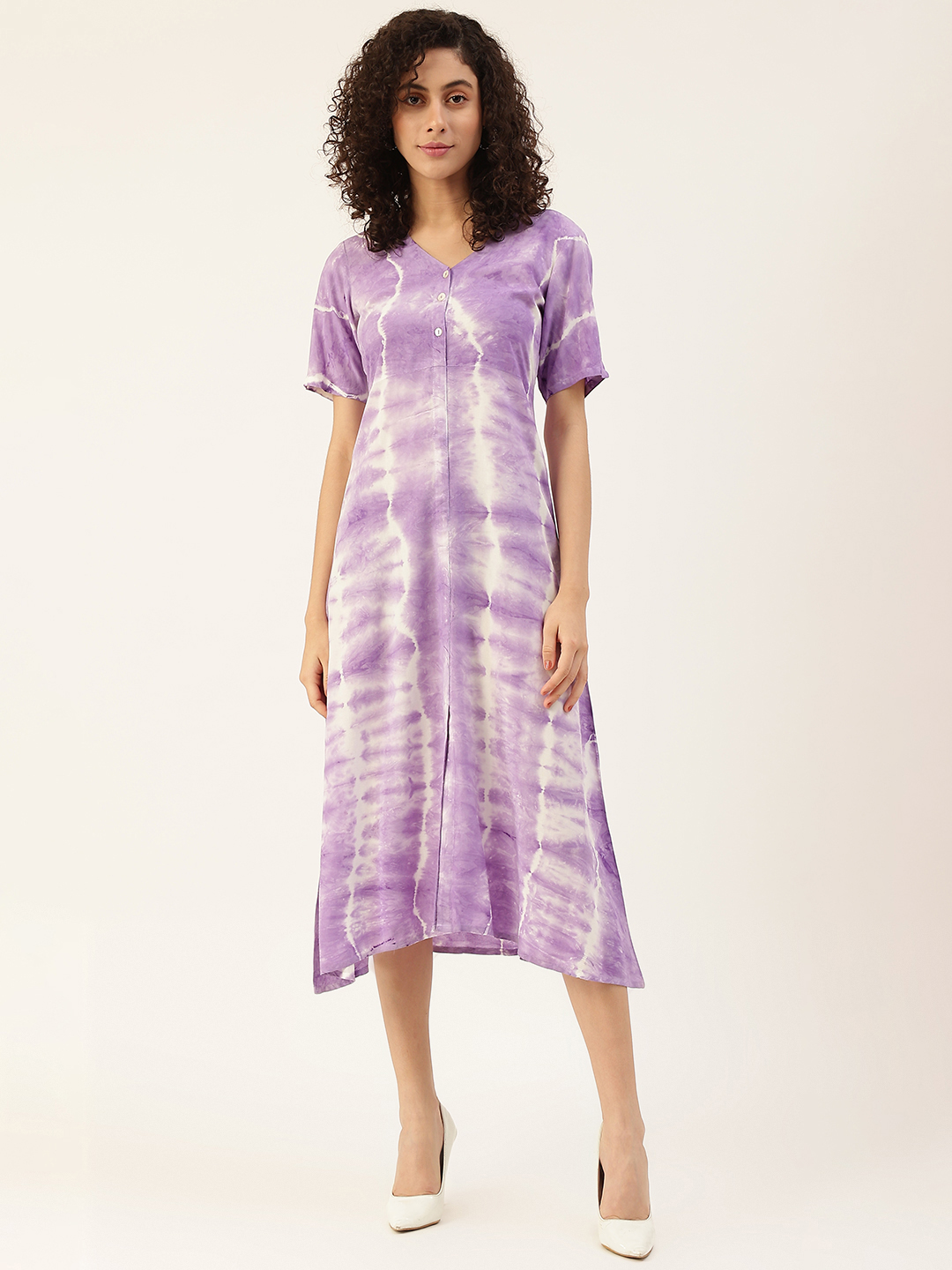 Lavender  Off White Tie Dye  Rayon A-Line Midi Dress