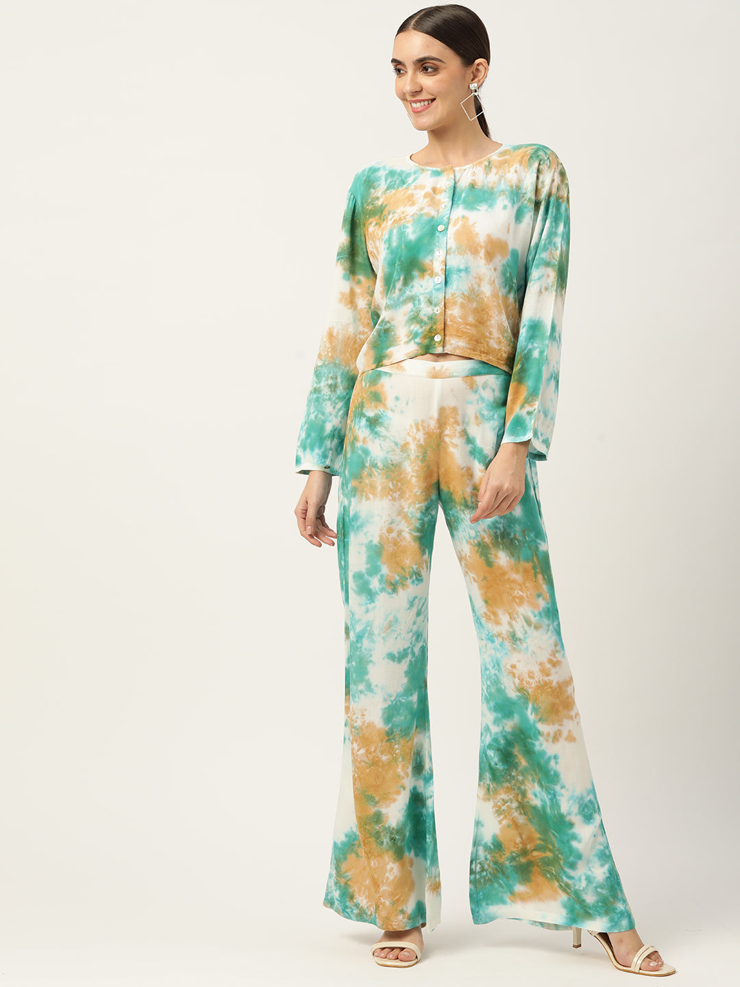 Green & Beige Rayon Tie & Dyed Co-Ords Set for women 