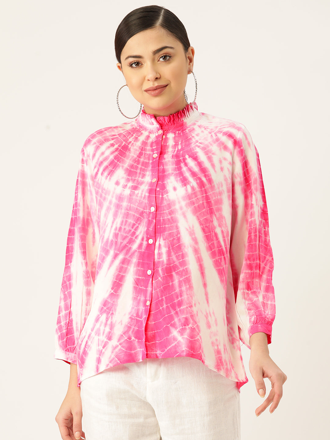 Rayon Tie Dye Pink Frill Neck Shirt