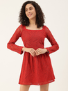 Women Red Lace Belted A-Line Dress