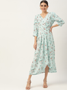 Blue Red Floral Midi Rayon Dress with Belt for women 