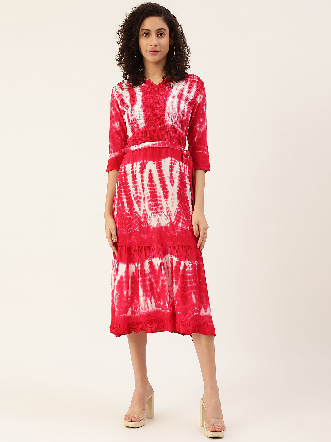 Pink & White Abstract Dyed A-Line Midi Dress