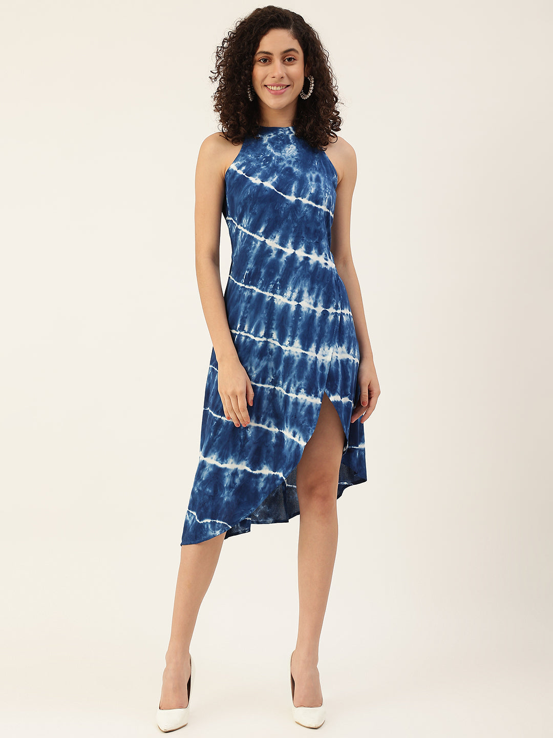 Blue & White Dyed Halter Front Slit High Low Dress for women 