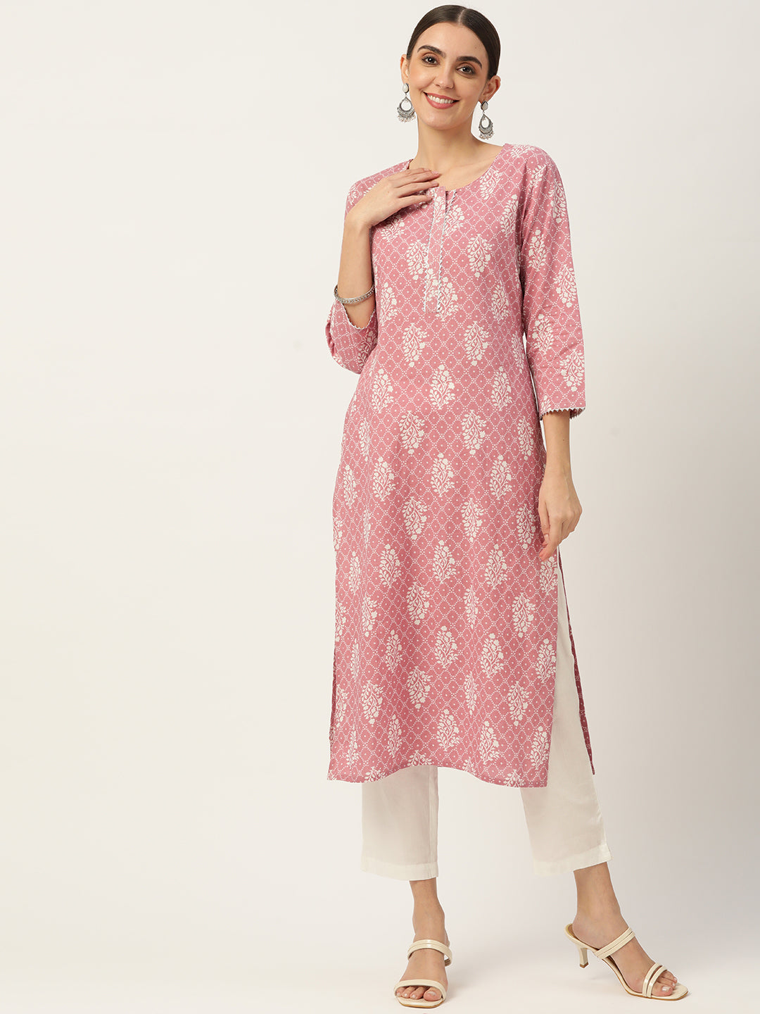 Pink & Off White Ethnic Printed Pure Cotton Gotta Patti Kurta for women 