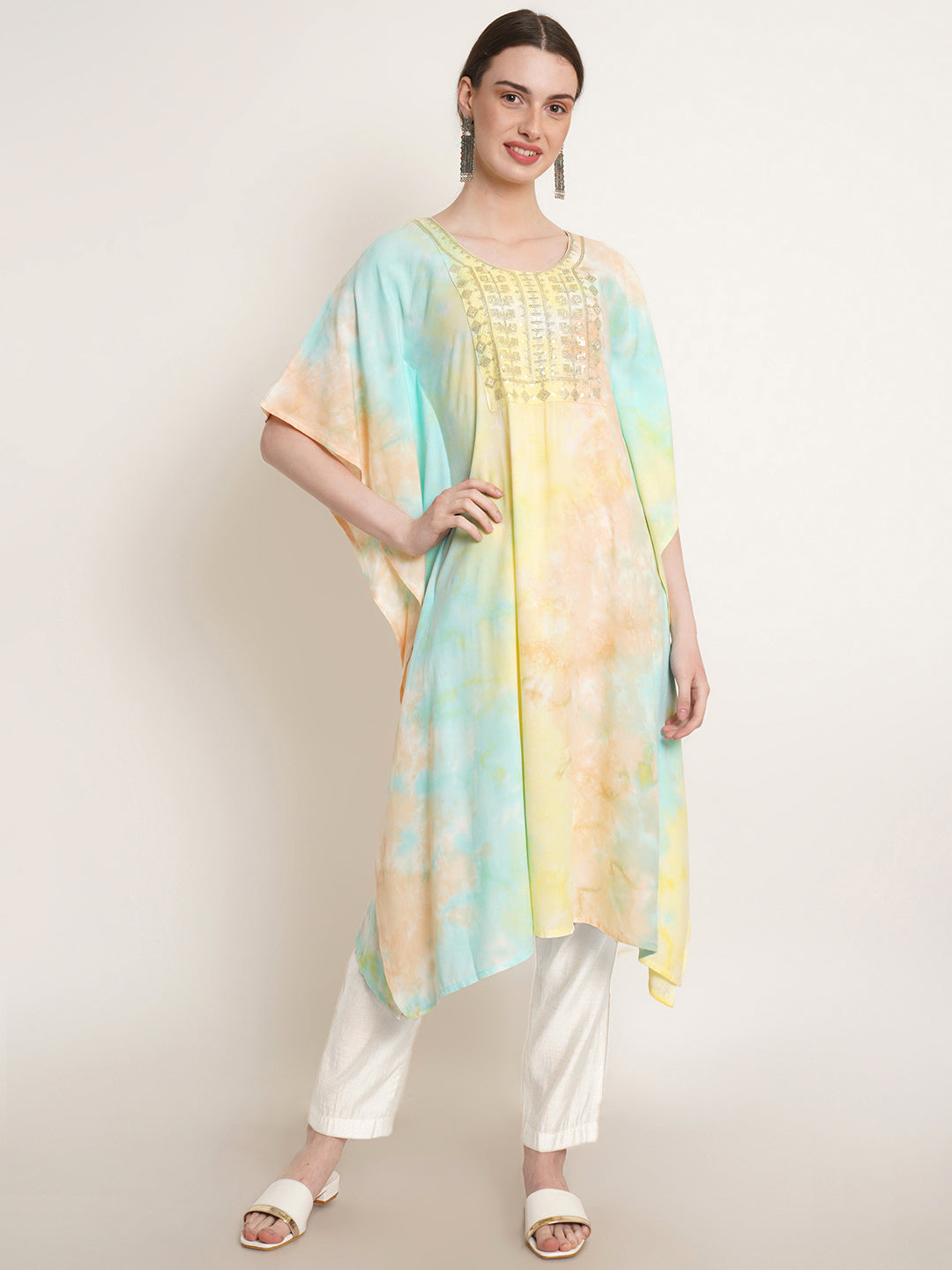 Pastel Yellow & Green Tie Dye Embroidery Work Rayon Kaftan Kurta