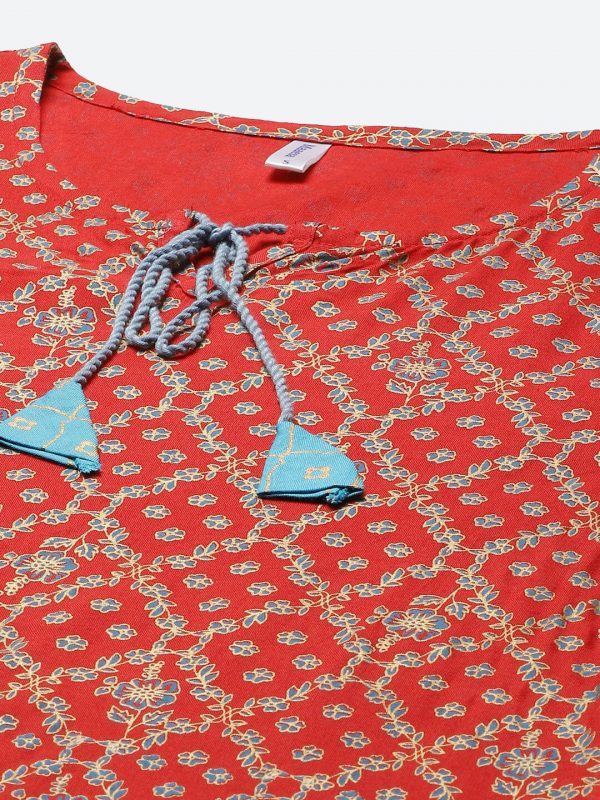Red & Blue Ethnic Motifs Hand Printed Kurta with Skirt