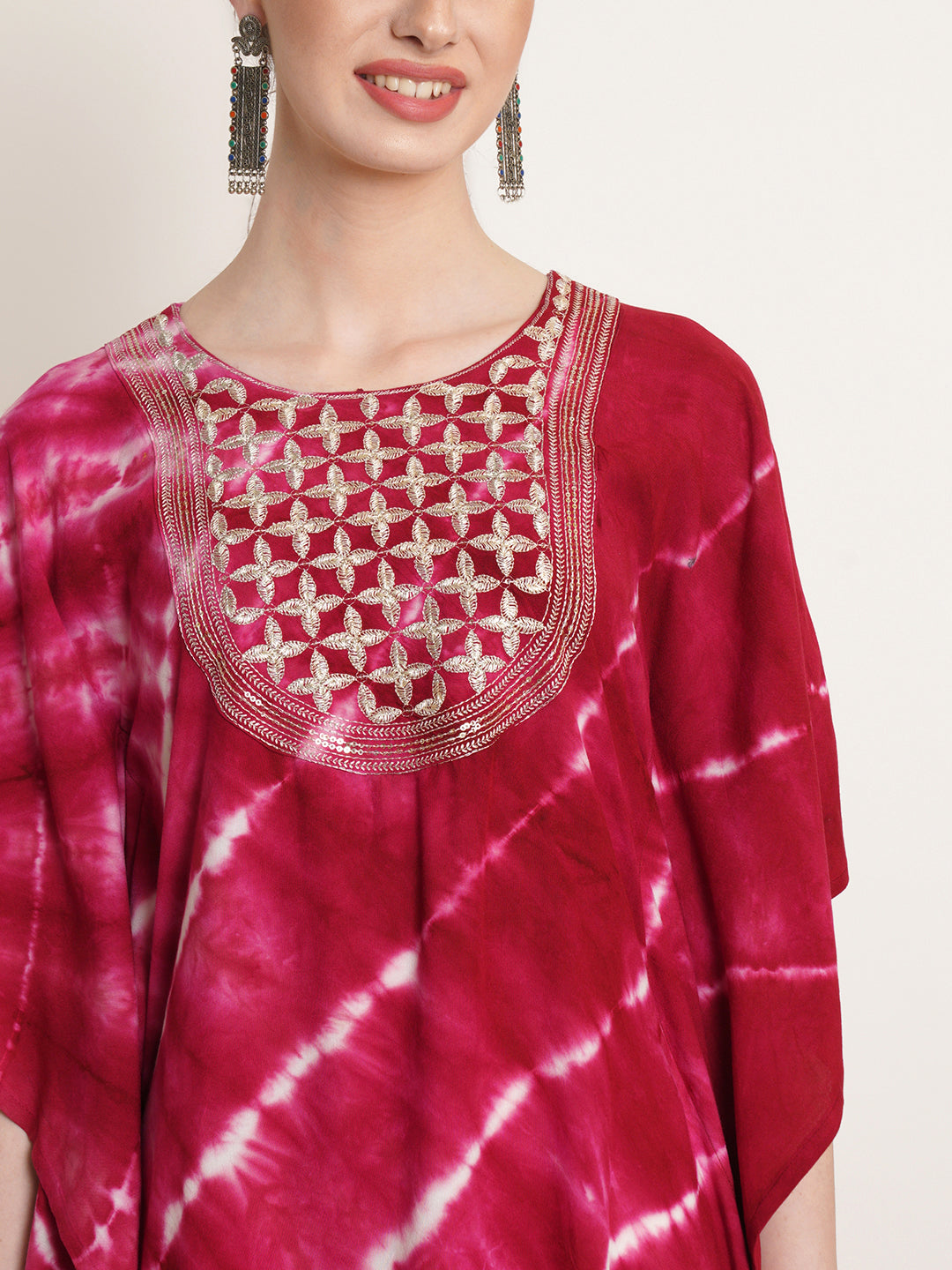 Pink & White Tie Dye Embroidery Work Rayon Kaftan Kurta